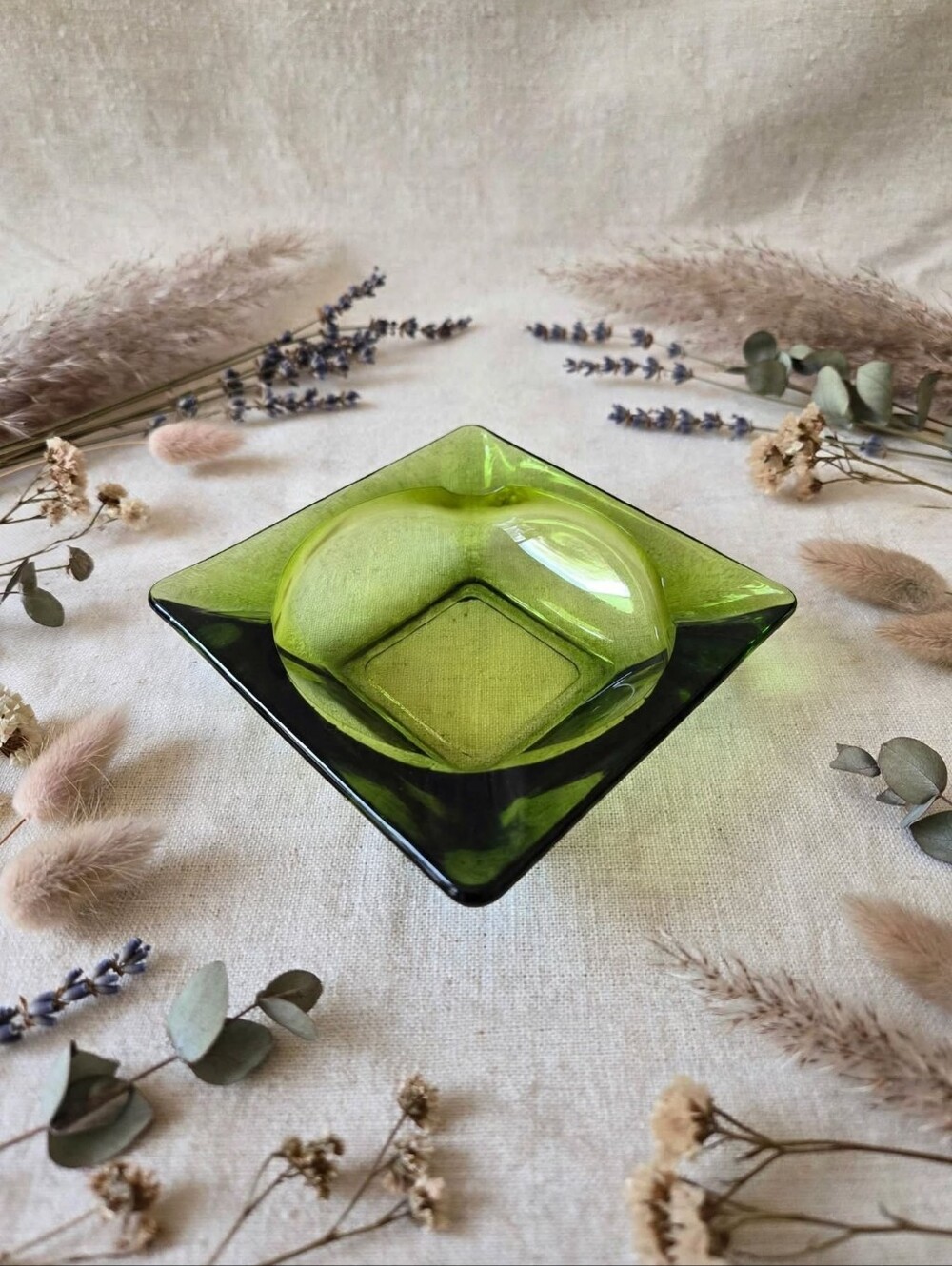 Vintage 70s Emerald Green Glass Square Ashtray MCM